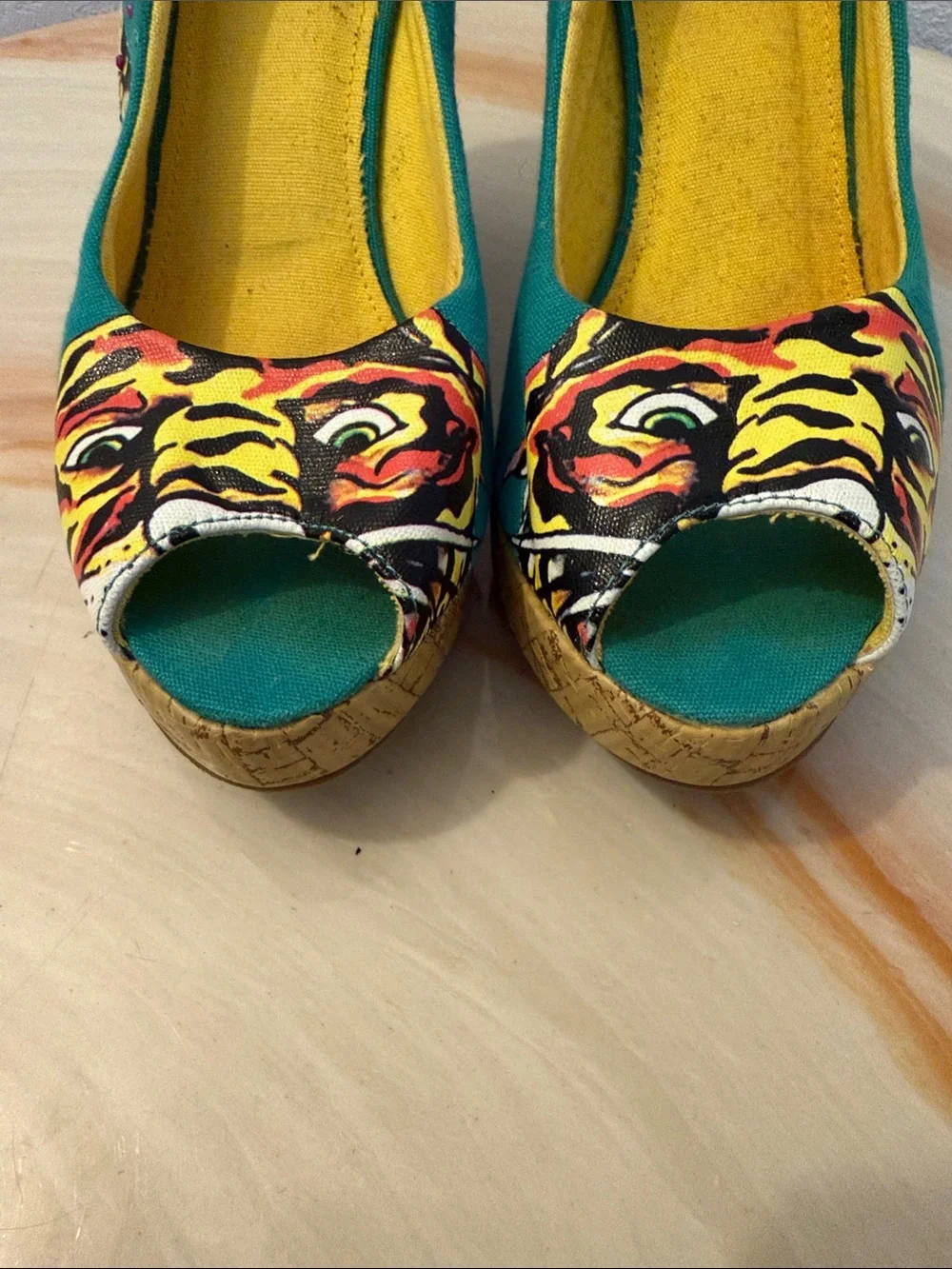 Ed Hardy Women’s Teal Butterfly Print Cork Wedge
